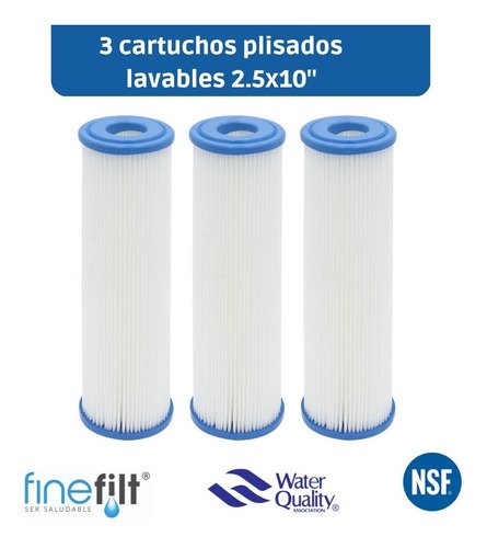 Finefilt - Cartucho Filtro Agua Plisado Lavable 2.5x10  Paquete 3 Pzas