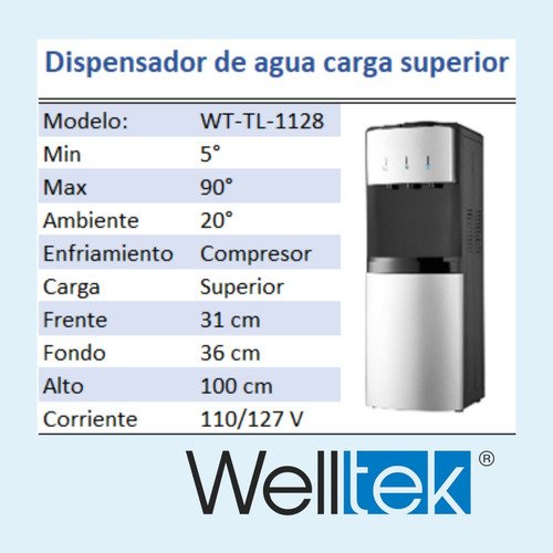 Welltek - | 1128 | Enfriador Dispensador Agua Fría Y Caliente carga superior garrafón arriba