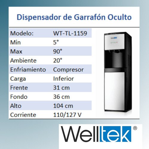 Welltek - | 420H | Dispensador De agua fría y caliente Garrafón Oculto Enfriador Despachador