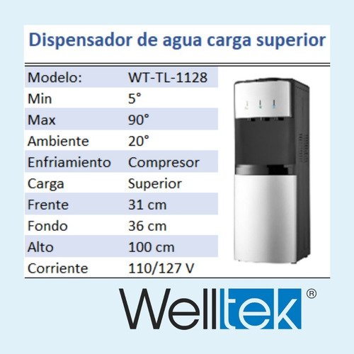 Welltek - | 95TL | Enfriador Dispensador Agua Fría Y Caliente carga superior garrafón arriba