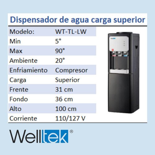 Welltek - | 95TL | Enfriador Dispensador Agua Fría Y Caliente carga superior garrafón arriba