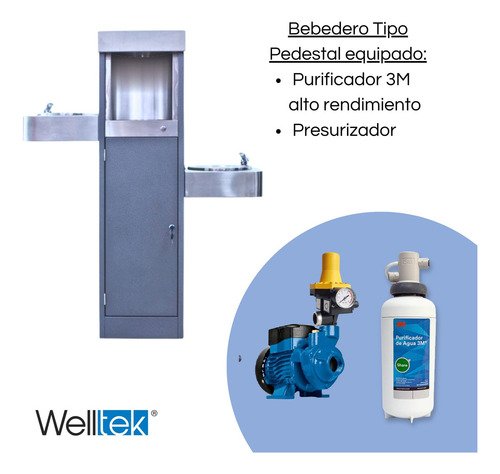 Welltek - Bebedero Escuelas Uso Rudo 3 Tomas Filtro 3m Certificado Color Gris