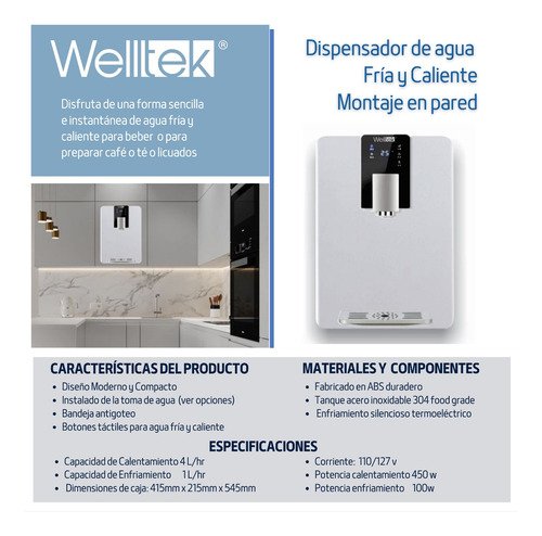 Welltek - Dispensador Agua Fría Y Caliente Compacto Para Muro Ó Pared